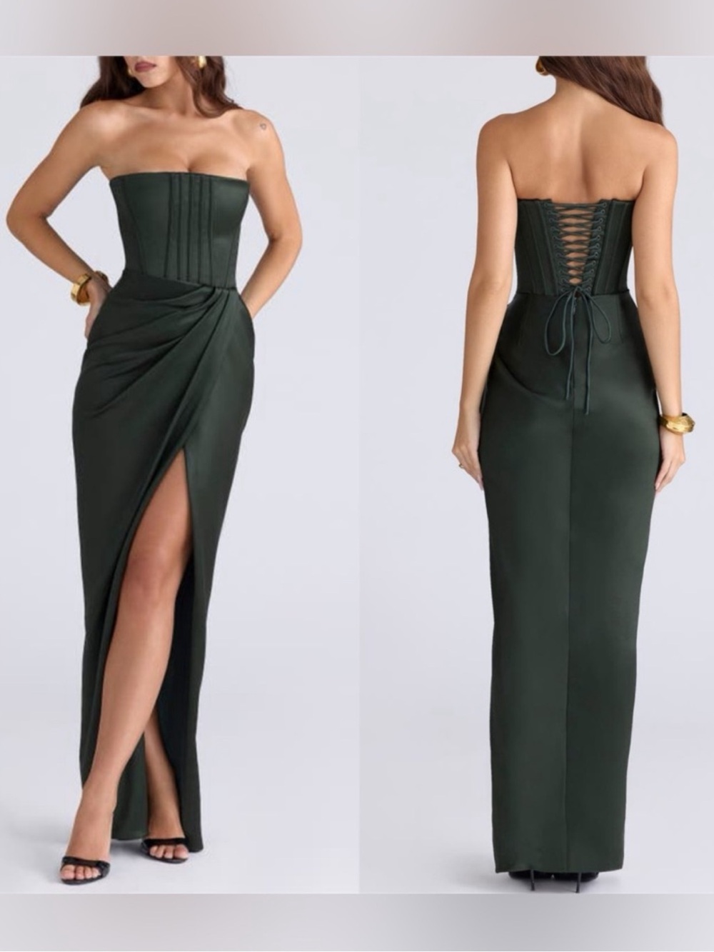 House of CB Carelle Emerald Satin Strapless Maxi Dress small NWT